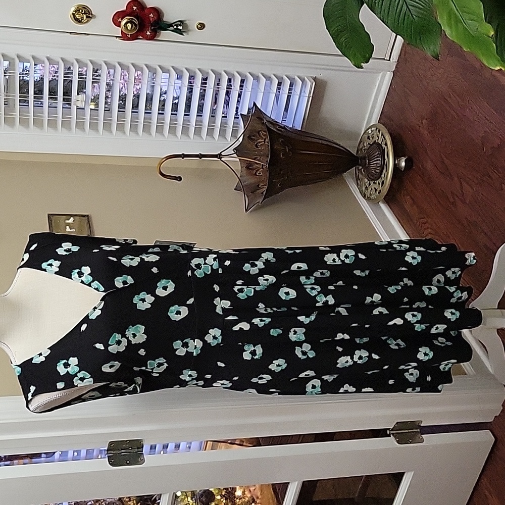 Croft & Barrow black aqua floral sleeveless dress pullon Vneck pleats Large New